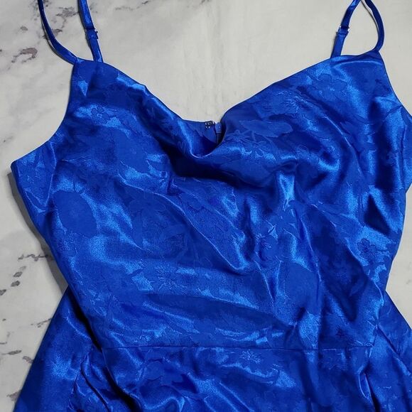 LuLus Blue Satin Cowl Neck Faux Wrap Mini Dress - Picture 2 of 7